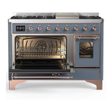 ILVE UM48FNR3BGPLP Majestic III 48 inch Dual Fuel Range with 8 Burners and Griddle, Dual Function Burner up to 25,000 BTU (Liquid Propane, Triple Glass Door, Blue Grey, Copper)