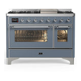 ILVE UM48FNR3BGCLP Majestic III 48 inch Dual Fuel Range with 8 Burners and Griddle, Dual Function Burner up to 25,000 BTU (Liquid Propane, Triple Glass Door, Blue Grey, Chrome)