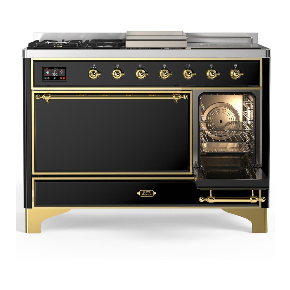 ILVE UM48FSQNR3BKG Majestic III 48 inch Dual Fuel Range with 5 Black Brass Burners, Griddle and French Top, Dual Function Burner up to 25,000 BTU (Natural Gas, Solid Door, Glossy Black, Brass)