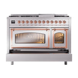ILVE UN48FNMPSSPLP Nostalgie II Noblesse 48 inch Dual Fuel Range (8 Sealed Burners + Griddle, Liquid Propane, Triple Glass Door, Stainless Steel, Copper)