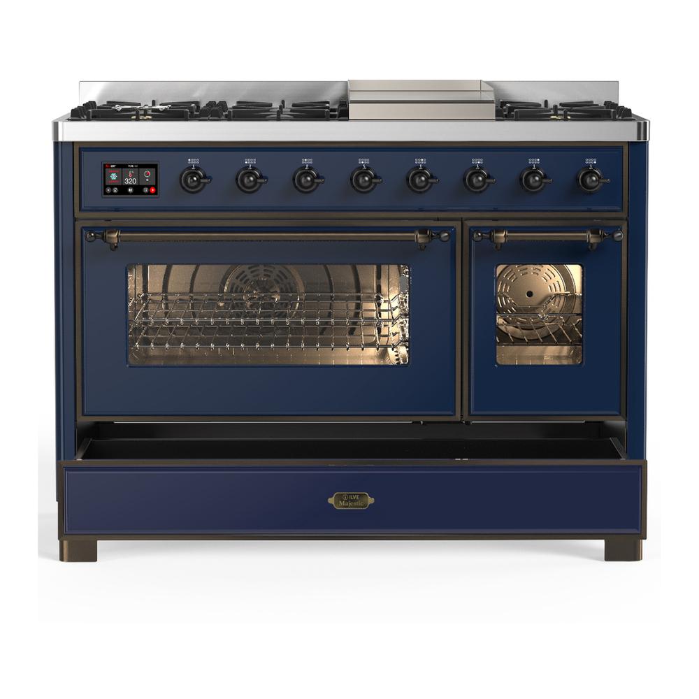 ILVE UM48FNR3MBB Majestic III 48 inch Dual Fuel Range with 8 Burners and Griddle, Dual Function Burner up to 25,000 BTU (Natural Gas, Triple Glass Door, Midnight Blue, Burnished)
