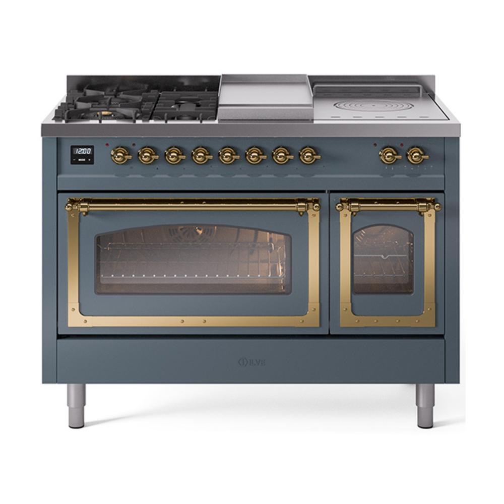ILVE UN48FSNMPBGG Nostalgie II Noblesse 48 inch Dual Fuel Range (5 Sealed Burners + Griddle + French Top, Natural Gas, Triple Glass Door, Blue Grey, Brass)