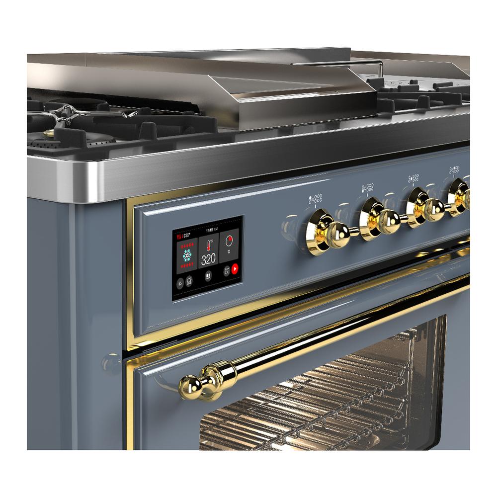 ILVE UM60FSNR3BGG Majestic III 60 inch Dual Fuel Range with 7 Burners, Griddle and French Top, Dual Function Burner with up to 25,000 BTU (Natural Gas, Triple Glass Door, Blue Grey, Brass)