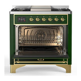 ILVE UM36FNR3EGG Majestic III 36 inch Dual Fuel Range with 6 Black Brass Burners and Griddle, Dual Function Burner up to 25,000 BTU (Triple Glass Door, Emerald Green, Brass, Natural Gas)