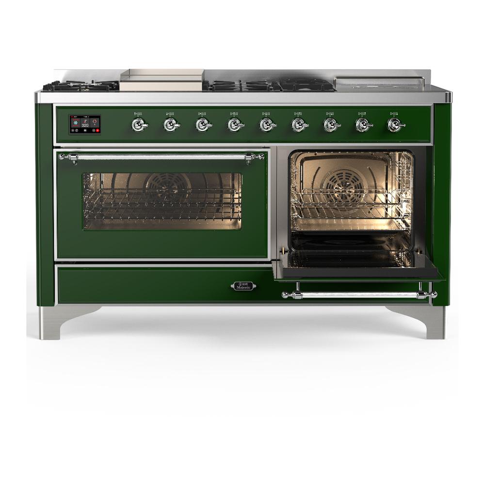 ILVE UM60FSNR3EGCLP Majestic III 60 inch Dual Fuel Range with 7 Burners, Griddle and French Top, Dual Function Burner with up to 25,000 BTU (Liquid Propane, Triple Glass Door, Emerald Green, Chrome)