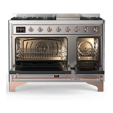 ILVE UM48FNR3SSP Majestic III 48 inch Dual Fuel Range with 8 Burners and Griddle, Dual Function Burner up to 25,000 BTU (Natural Gas, Triple Glass Door, Stainless Steel, Copper)