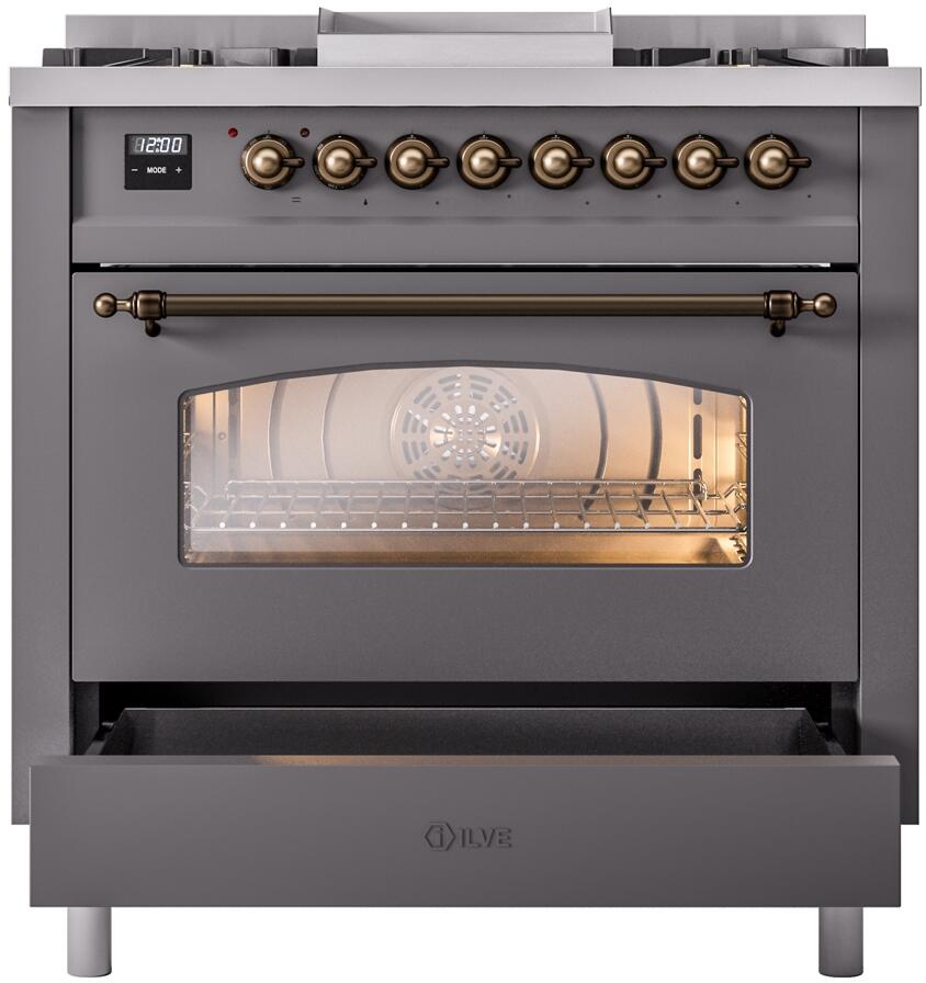 Nostalgie II 36 Inch Dual Fuel Liquid Propane Freestanding Range in Matte Graphite with Bronze Trim