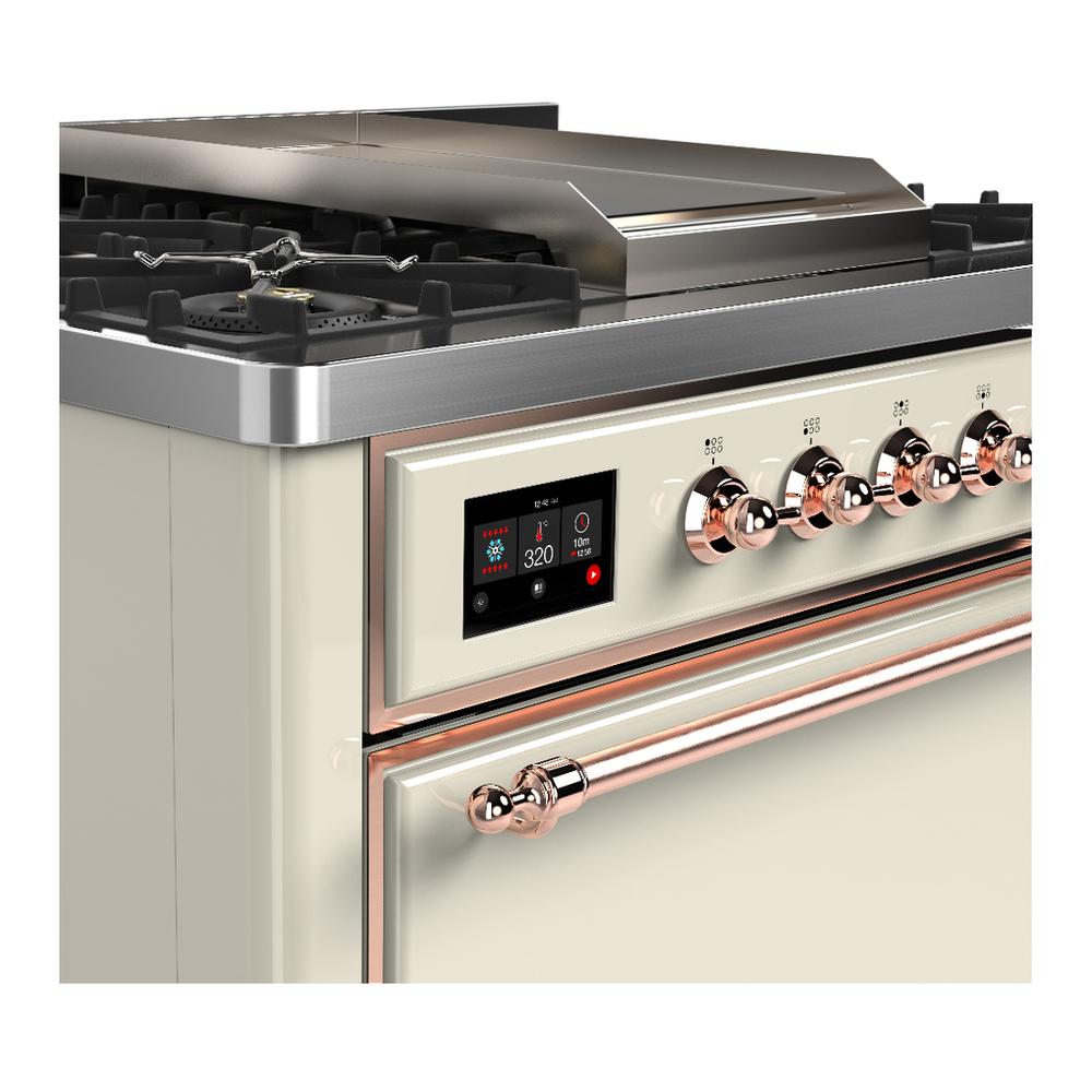 ILVE UM36FQNR3AWP Majestic III 36 inch Dual Fuel Range with 6 Black Brass Burners and Griddle, Dual Function Burner up to 25,000 BTU (Solid Door, Antique White, Copper, Natural Gas)