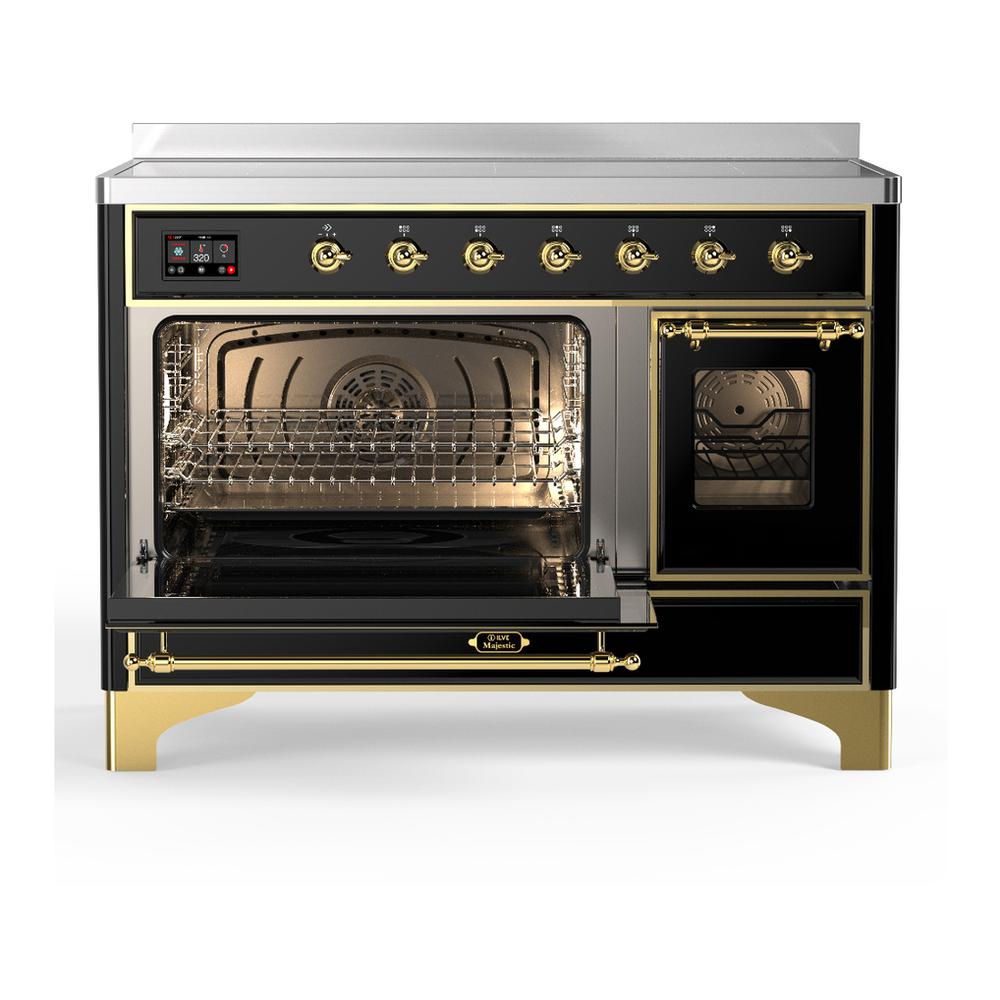 ILVE UMIB48NR3BKG Majestic III 48 inch Induction Range with 6 Elements, 5.02 cu. ft. Total Oven Capacity (Triple Glass Door, Glossy Black, Brass)