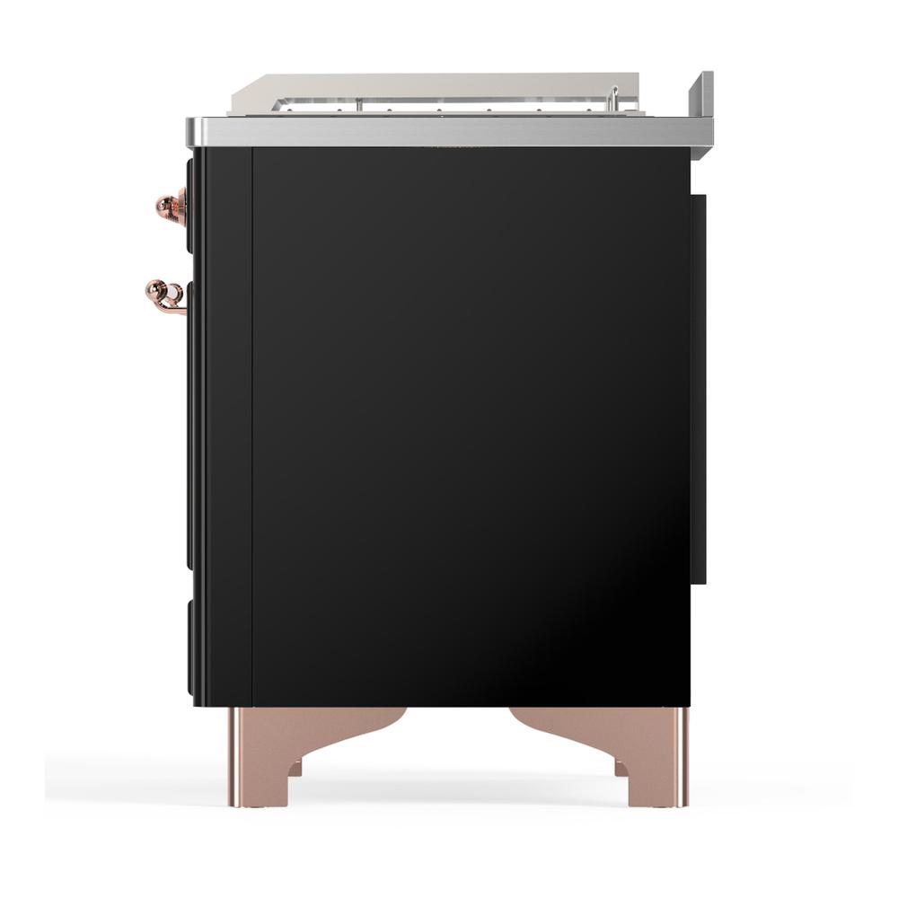 ILVE UM48FSQNR3BKPLP Majestic III 48 inch Dual Fuel Range with 5 Black Brass Burners, Griddle and French Top, Dual Function Burner up to 25,000 BTU (Liquid Propane, Solid Door, Glossy Black, Copper)