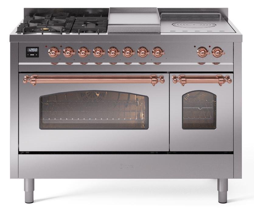 Nostalgie II 48 Inch Dual Fuel Natural Gas Freestanding Range in Stainless Steel with Copper Trim