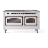 ILVE UN60FNMPWHBLP Nostalgie II Noblesse 60 inch Dual Fuel Range (9 Sealed Burners + Griddle, Liquid Propane, Triple Glass Door, White, Burnished)