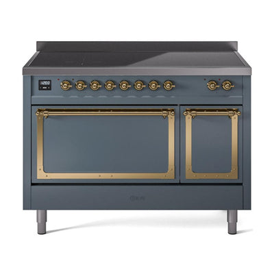 ILVE UNI486QNMPBGG Nostalgie II Noblesse 48 inch Induction Range (Solid Door, Blue Grey, Brass)