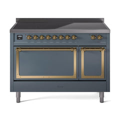 ILVE UNI486QNMPBGG Nostalgie II Noblesse 48 inch Induction Range (Solid Door, Blue Grey, Brass)