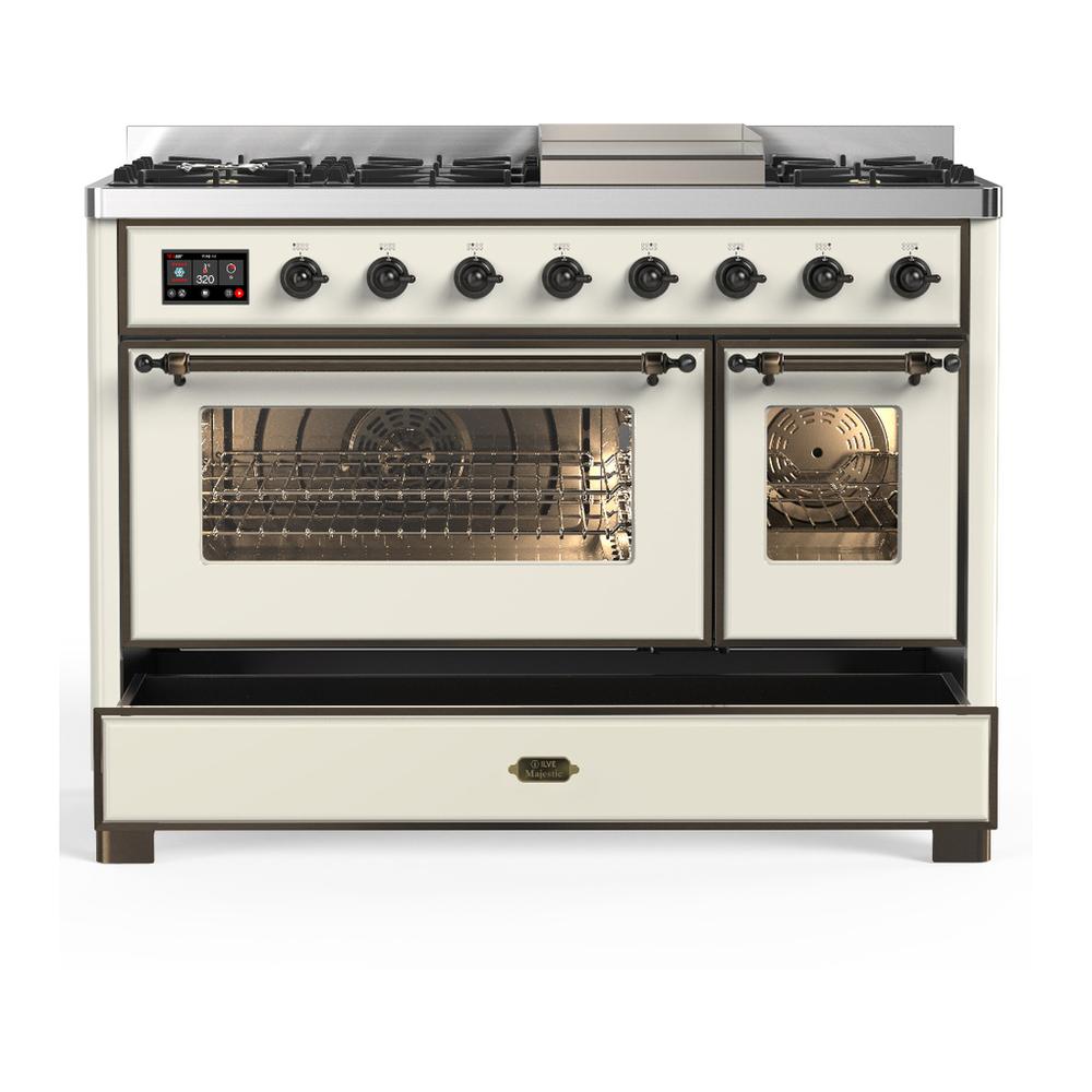 ILVE UM48FNR3AWB Majestic III 48 inch Dual Fuel Range with 8 Burners and Griddle, Dual Function Burner up to 25,000 BTU (Natural Gas, Triple Glass Door, Antique White, Burnished)