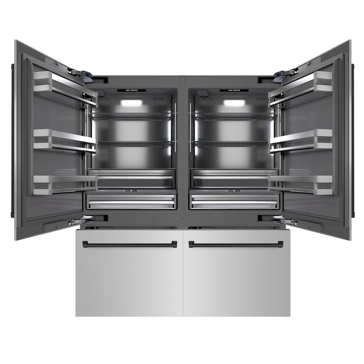 ZLINE Autograph Edition 72 in. 39.6 cu. ft. French Door Built-In Bottom Freezer Refrigerator with Water Dispensers and Ice Makers in Stainless Steel with Graphite Gray Interior and Matte Black Accents (GRBITZ-304-72MB)