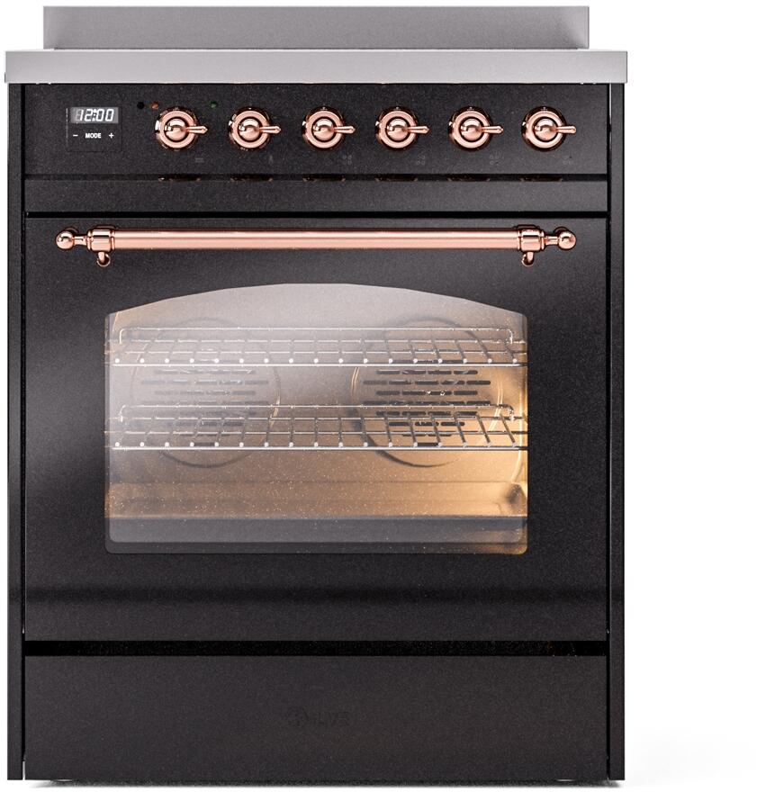 Nostalgie II 30 Inch Electric Freestanding Range in Glossy Black with Copper Trim