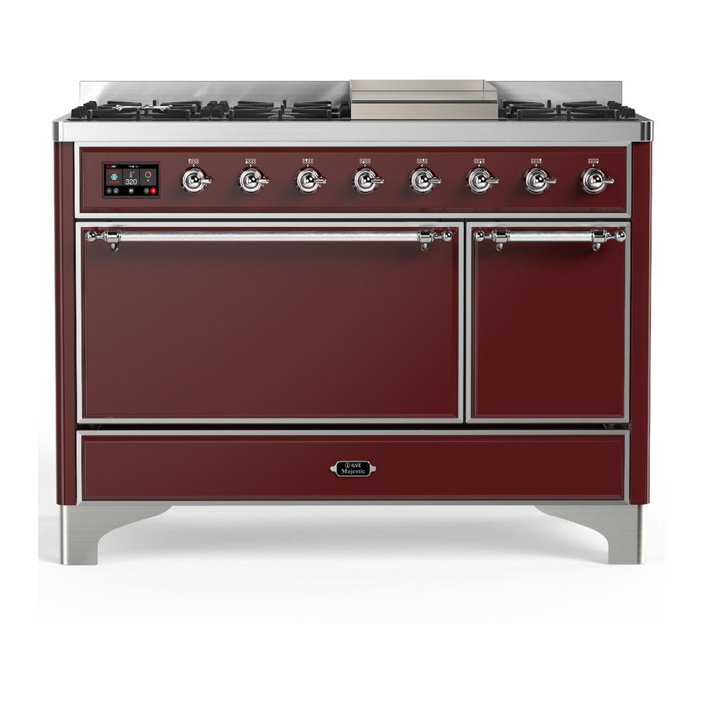 ILVE UM48FQNR3BUC Majestic III 48 inch Dual Fuel Range with 8 Burners and Griddle, Dual Function Burner up to 25,000 BTU (Natural Gas, Solid Door, Burgundy, Chrome)