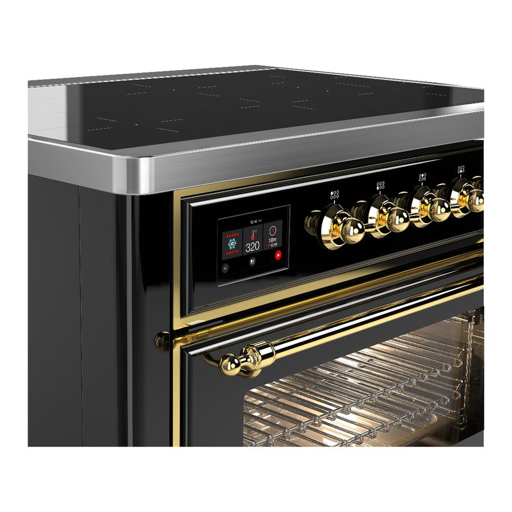 ILVE UMIB36NR3BKG Majestic III 36 inch Induction Range with 6 Elements, 3.5 cu. ft. Total Oven Capacity (Triple Glass Door, Glossy Black, Brass)