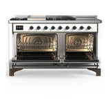 ILVE UM60FSQNR3WHBLP Majestic III 60 inch Dual Fuel Range with 7 Burners, Griddle and French Top, Dual Function Burner with up to 25,000 BTU (Liquid Propane, Solid Door, White, Burnished)
