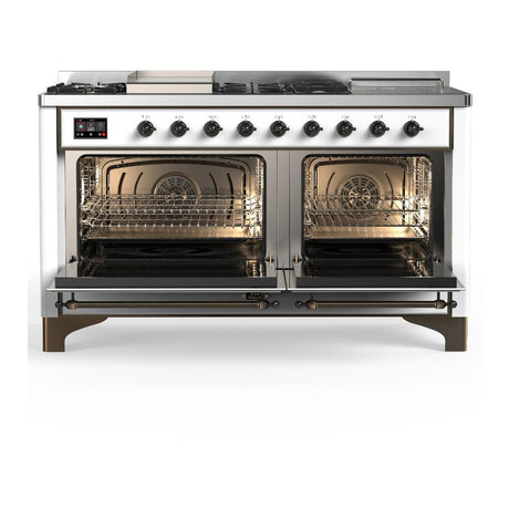ILVE UM60FSQNR3WHBLP Majestic III 60 inch Dual Fuel Range with 7 Burners, Griddle and French Top, Dual Function Burner with up to 25,000 BTU (Liquid Propane, Solid Door, White, Burnished)