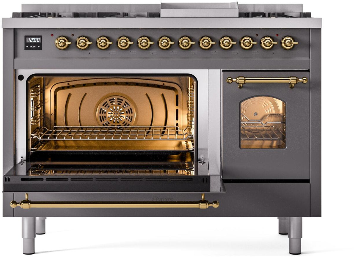 Nostalgie II 48 Inch Dual Fuel Liquid Propane Freestanding Range in Matte Graphite with Brass Trim