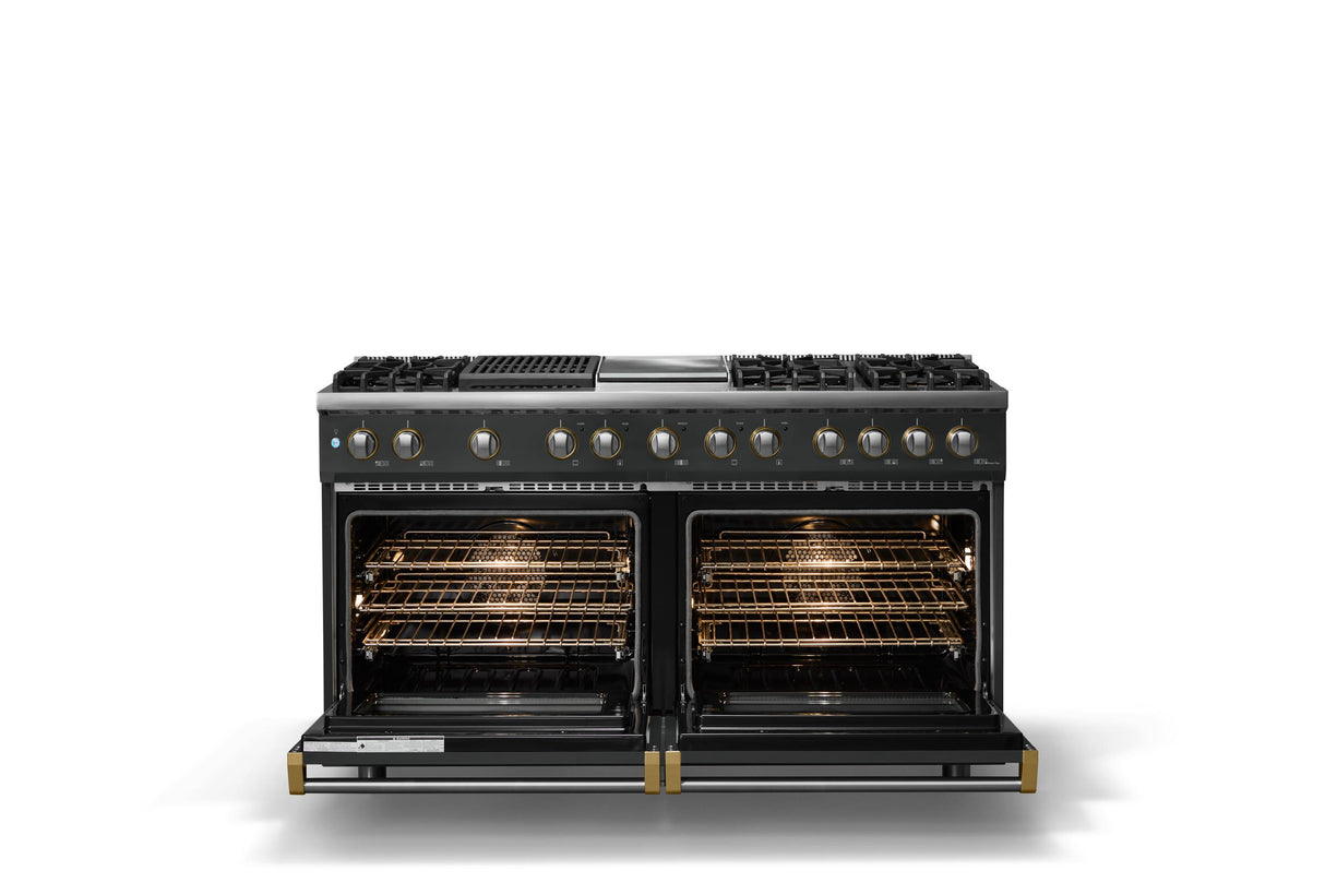 60"W.Dual Fuel Range (Finish: Antique Bronze, Trim: Brushed Brass, Fuel: Propane)