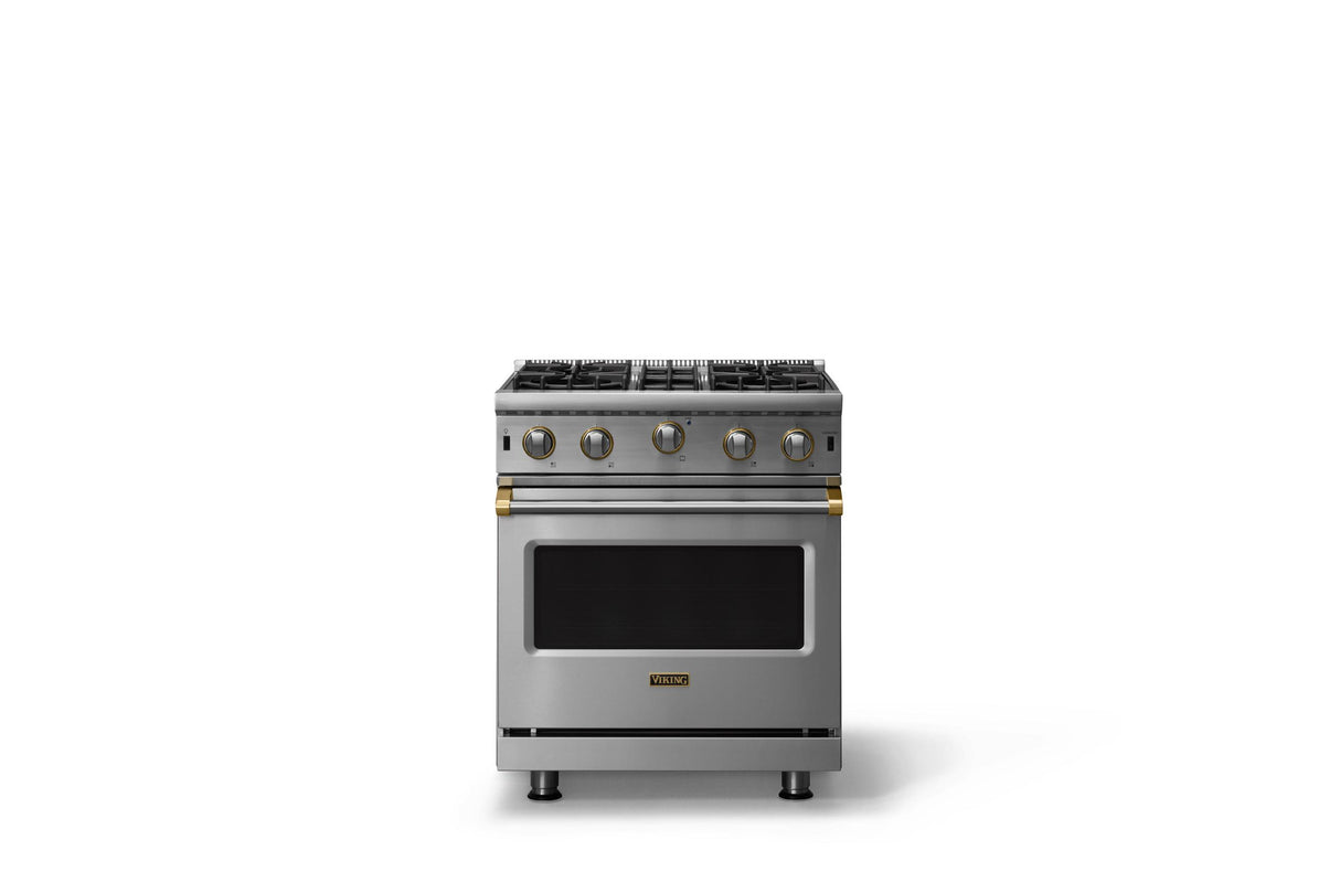 30"W. Open Burner Gas Range (Finish: Stainless Steel, Trim: Brushed Brass, Fuel: Natural Gas)