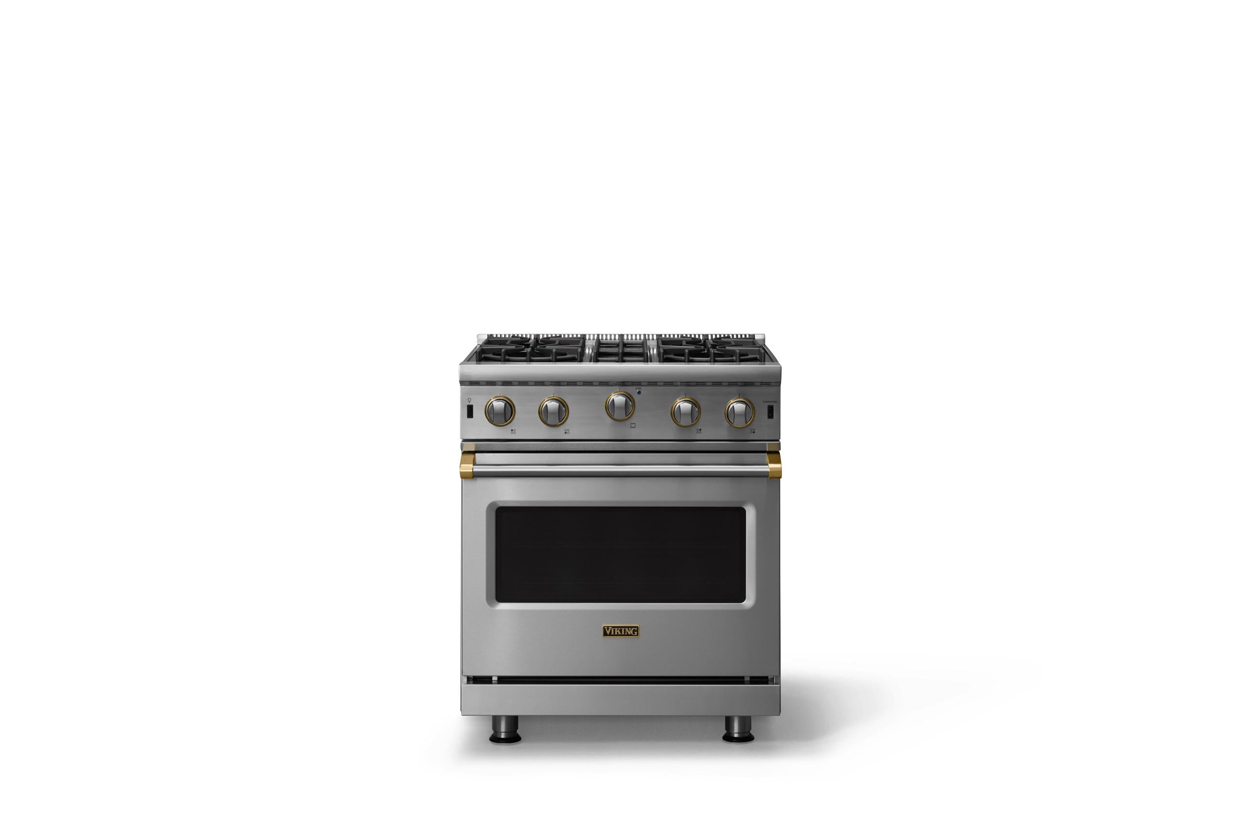 30"W. Open Burner Gas Range (Finish: Stainless Steel, Trim: Brushed Brass, Fuel: Natural Gas)