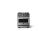 30"W. Open Burner Gas Range (Finish: Stainless Steel, Trim: Brushed Brass, Fuel: Propane)