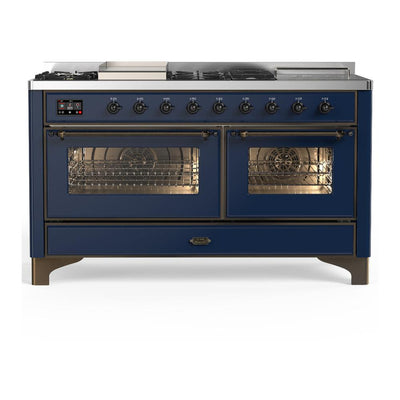 ILVE UM60FSNR3MBBLP Majestic III 60 inch Dual Fuel Range with 7 Burners, Griddle and French Top, Dual Function Burner with up to 25,000 BTU (Liquid Propane, Triple Glass Door, Midnight Blue, Burnished)
