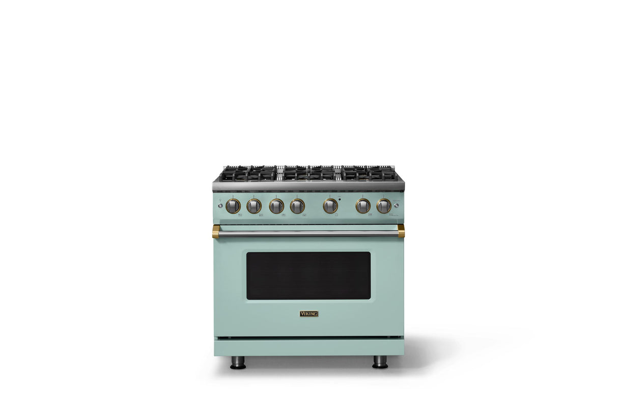 36"W. Sealed Burner Gas Range (Burner: 6b, Finish: Splash, Trim: Brushed Brass, Fuel: Propane)
