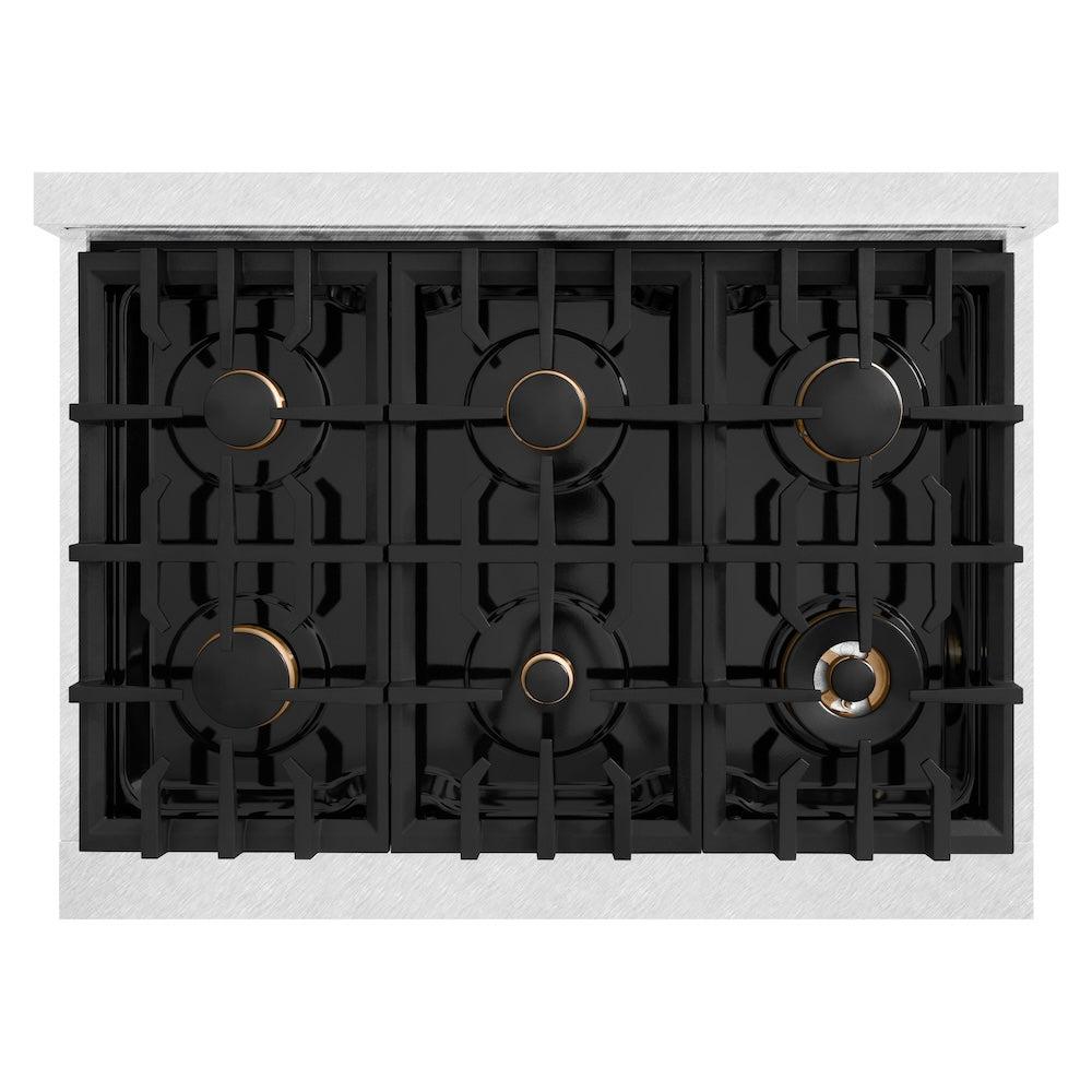 ZLINE Autograph Edition 36 in. 5.2 cu. ft. Classic Gas Range with 6 Burner Cooktop and Convection Gas Oven in DuraSnow' Stainless Steel with Black Matte Door and Champagne Bronze Accents (CGRSZ-BLM-36-CB)