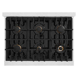 ZLINE Autograph Edition 36 in. 5.2 cu. ft. Classic Gas Range with 6 Burner Cooktop and Convection Gas Oven in DuraSnow' Stainless Steel with Black Matte Door and Champagne Bronze Accents (CGRSZ-BLM-36-CB)