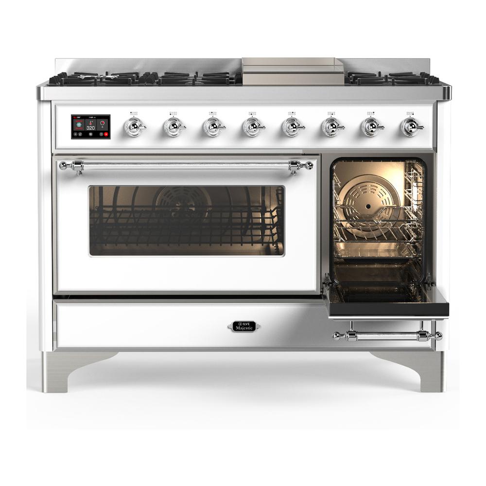 ILVE UM48FNR3WHCLP Majestic III 48 inch Dual Fuel Range with 8 Burners and Griddle, Dual Function Burner up to 25,000 BTU (Liquid Propane, Triple Glass Door, White, Chrome)