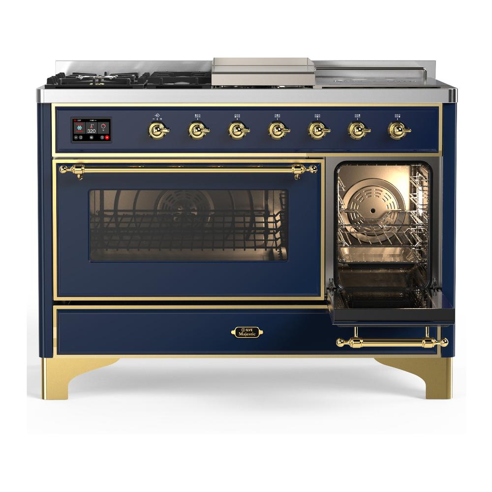 ILVE UM48FSNR3MBGLP Majestic III 48 inch Dual Fuel Range with 5 Black Brass Burners, Griddle and French Top, Dual Function Burner up to 25,000 BTU (Liquid Propane, Triple Glass Door, Midnight Blue, Brass)