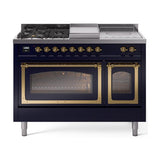 ILVE UN48FSNMPMBG Nostalgie II Noblesse 48 inch Dual Fuel Range (5 Sealed Burners + Griddle + French Top, Natural Gas, Triple Glass Door, Midnight Blue, Brass)