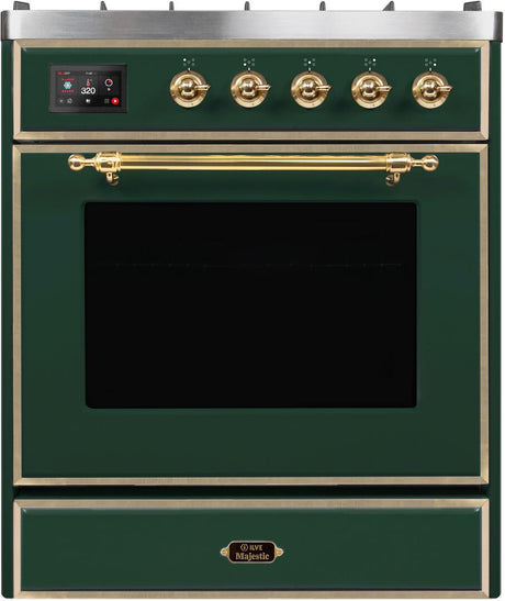 Majestic II 30 Inch Dual Fuel Natural Gas Freestanding Range in Emerald Green with Brass Trim