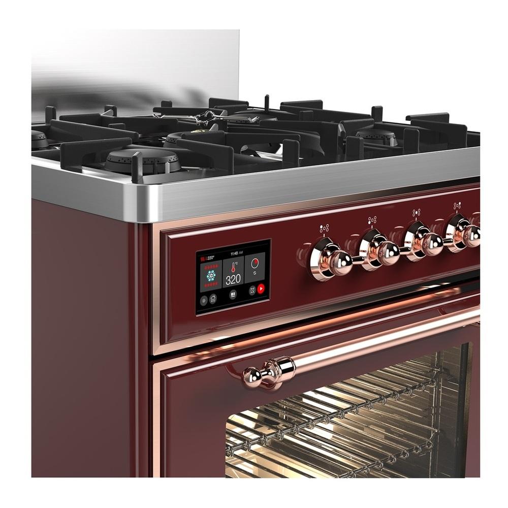 ILVE UM30NR3BUP Majestic III 30 inch Dual Fuel Range with 5 Black Brass Burners, Dual Function Burner up to 25,000 BTU (Natural Gas, Triple Glass Door, Burgundy, Copper)