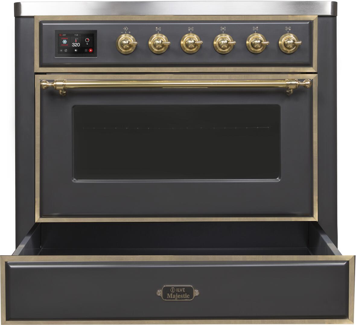 Majestic II 36 Inch Electric Freestanding Range in Matte Graphite with Brass Trim