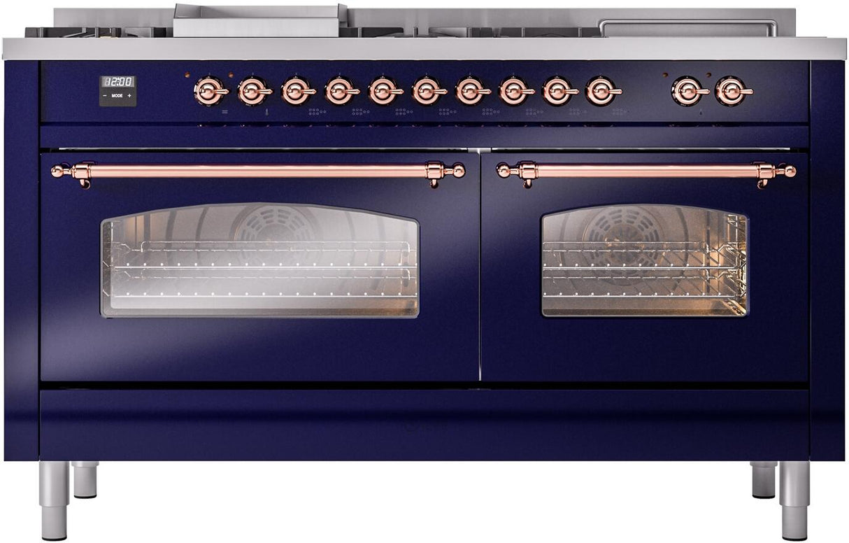 Nostalgie II 60 Inch Dual Fuel Liquid Propane Freestanding Range in Blue with Copper Trim