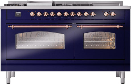 Nostalgie II 60 Inch Dual Fuel Liquid Propane Freestanding Range in Blue with Copper Trim