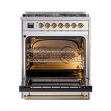 ILVE UN30QNMPSSG Nostalgie II Noblesse 30 inch Dual Fuel Range (Natural Gas, Solid Door, Stainless Steel, Brass)