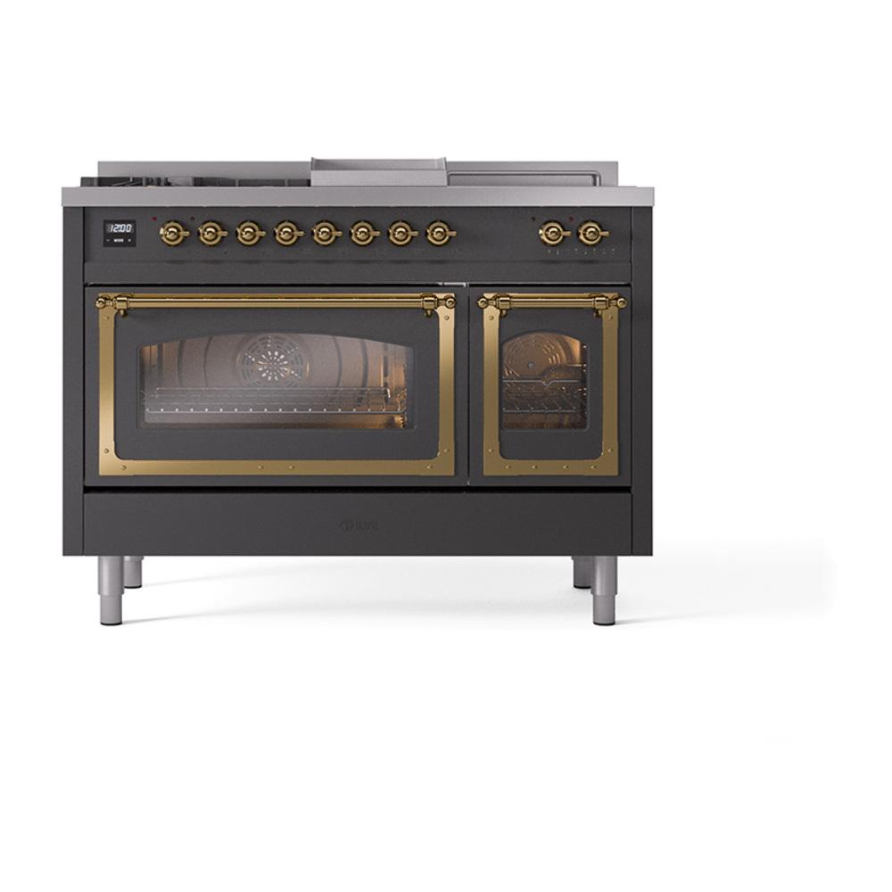 ILVE UN48FSNMPMGGLP Nostalgie II Noblesse 48 inch Dual Fuel Range (5 Sealed Burners + Griddle + French Top, Liquid Propane, Triple Glass Door, Graphite Matte, Brass)