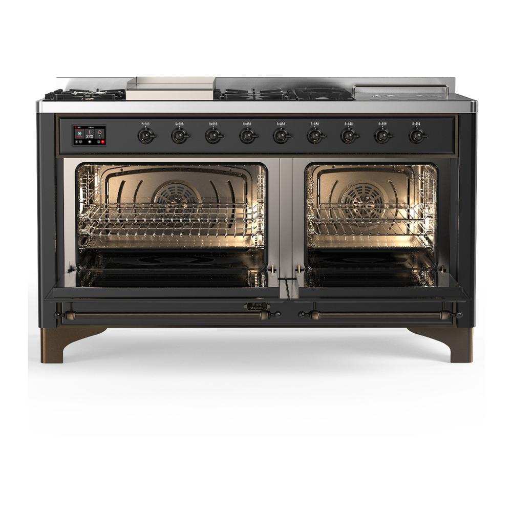 ILVE UM60FSNR3MGBLP Majestic III 60 inch Dual Fuel Range with 7 Burners, Griddle and French Top, Dual Function Burner with up to 25,000 BTU (Liquid Propane, Triple Glass Door, Graphite Matte, Burnished)