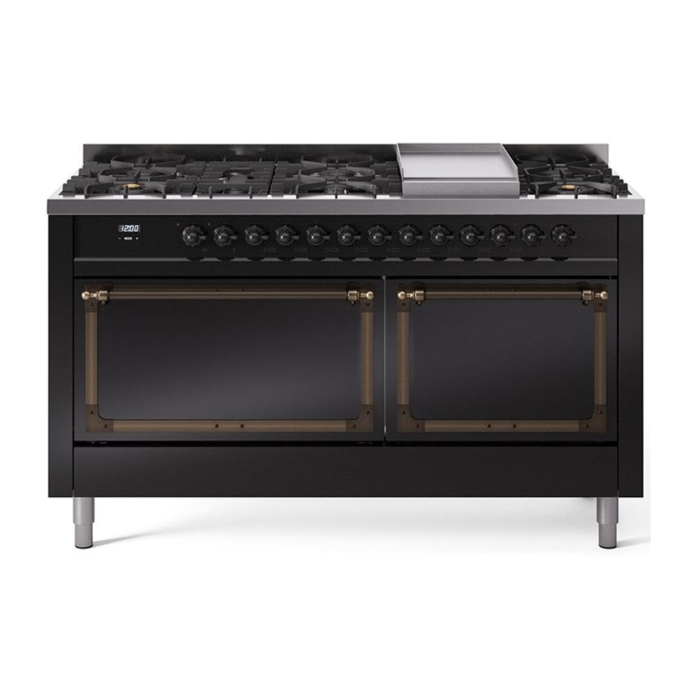 ILVE UN60FQNMPBKB Nostalgie II Noblesse 60 inch Dual Fuel Range (9 Sealed Burners + Griddle, Natural Gas, Solid Door, Glossy Black, Burnished)