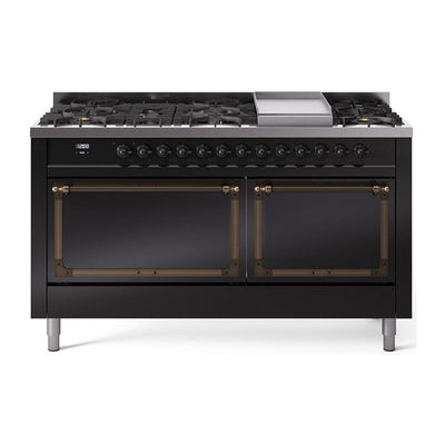 ILVE UN60FQNMPBKB Nostalgie II Noblesse 60 inch Dual Fuel Range (9 Sealed Burners + Griddle, Natural Gas, Solid Door, Glossy Black, Burnished)