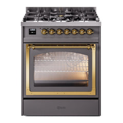 ILVE UN30NMPMGG Nostalgie II Noblesse 30 inch Dual Fuel Range (Natural Gas, Triple Glass Door, Graphite Matte, Brass)