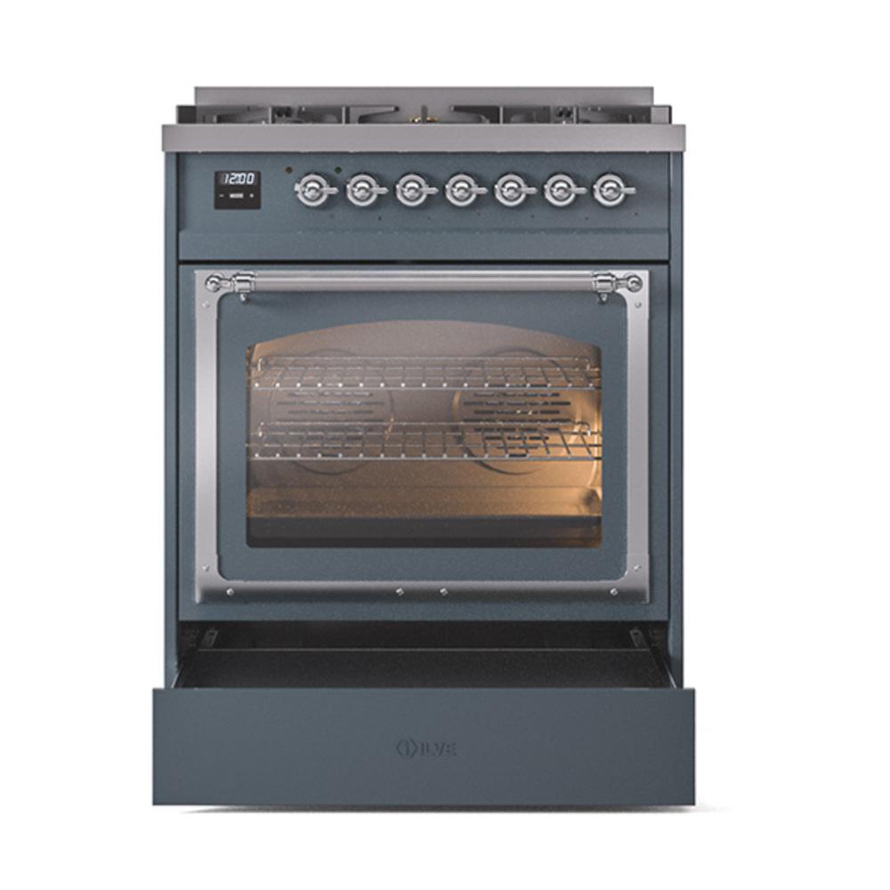 ILVE UN30NMPBGC Nostalgie II Noblesse 30 inch Dual Fuel Range (Natural Gas, Triple Glass Door, Blue Grey, Chrome)