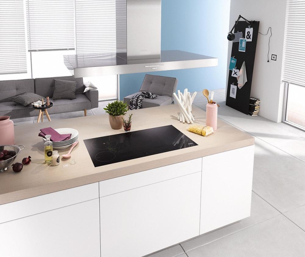 DA 424 V-6 Puristic Varia AM Island d(eback)cor hood with energy-efficient LED lighting and backlit controls for easy use.